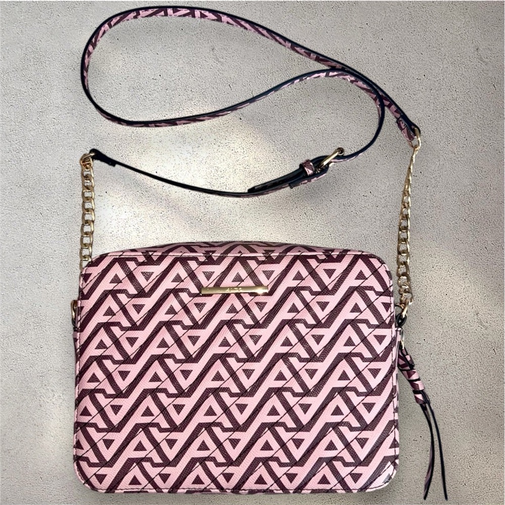ALDO Pink Monogram Logo Print Crossbody Camera Bag Gold Chain NWOT